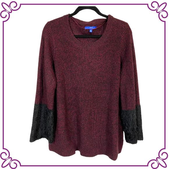 APT 9 Maroon Pullover Long Sleeve Black Fuzzy Cuffs Tunic Sweater Size XL - Picture 1 of 9